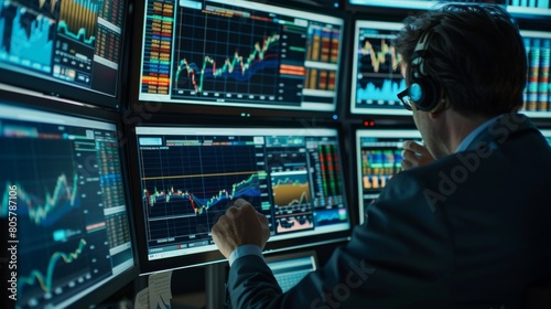 Close-up of a stock broker's hands analyzing charts and data on multiple screens, focus on screens. Business concept for stock market. financial chart graphs concept © AvectStock