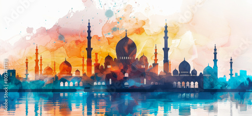 A colorful painting of a city with a large mosque in the center