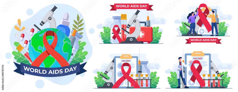 Set of flat illustrations of  World AIDS Day concepts, Medical doctors with an HIV test tube are researching AIDS, Red Ribbon to raise awareness of the AIDS epidemic 