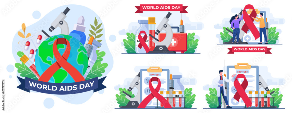 Fototapeta premium Set of flat illustrations of World AIDS Day concepts, Medical doctors with an HIV test tube are researching AIDS, Red Ribbon to raise awareness of the AIDS epidemic 