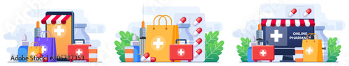 Set of flat illustrations of nedicine and drugs pills, Pharmacy medicals, First aid kit, Syringe, Medicaments, Online drugstore, Pharmacy store and online medicine