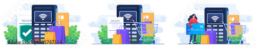 Set of flat illustrations of terminal for contactless and wireless goods payment, POS terminal confirms the payment by debit card, Invoice, Shopping concept, Payment machine, Credit card 