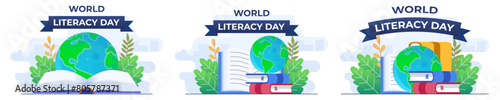 Set of flat illustrations of  International Literacy Day with books and globe, 8th September, Reading books, World Literacy Day celebration, Happy Literacy Day! 
