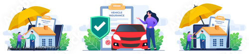 set of flat illustrations of insurance, Property security, Financial protection, Real estate insurance policy, Vehicle insurance, Car safety, assistance and protection