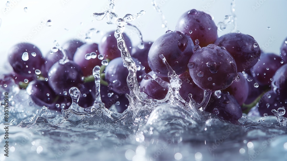 Plump grapes cascading into a pool of water, their rich purple hues mingling with the liquid as they create playful splashes against a clean white surface.