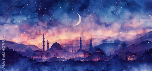 A painting of a city with a large moon in the sky photo