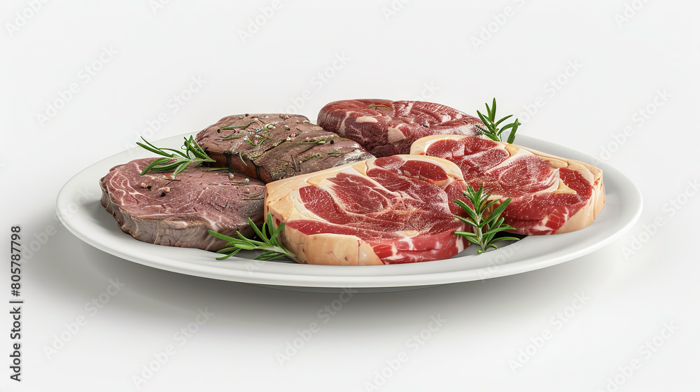 Pork, goat and beef steaks arranged on a plate