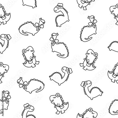 Funny cute girls dinosaurs. Seamless pattern. Coloring Page. Kawaii baby dino princess character. Hand drawn style. Vector drawing. Design ornaments.