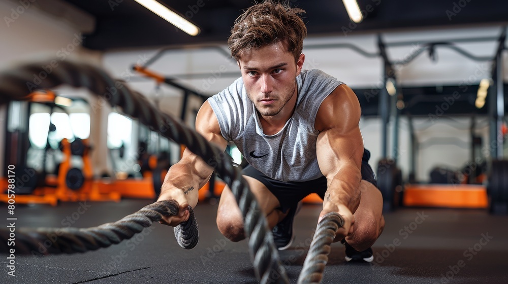 Fototapeta premium Man Doing Battle Rope Workout at Gym