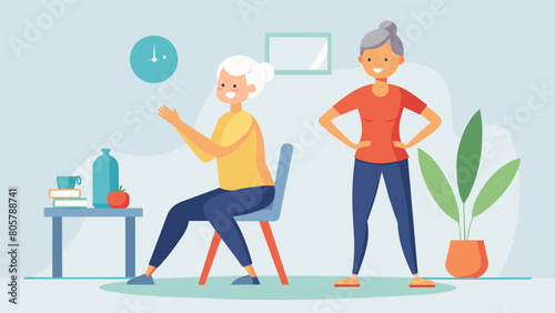 An elderly person with osteoporosis standing tall and confidently guided by a knowledgeable instructor through a chair yoga class that incorporates. Vector illustration