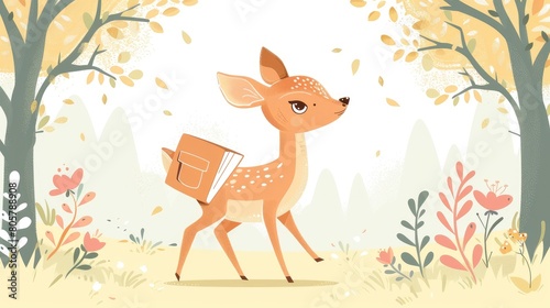 cute deer walks to school with a book AI generated © Lisa_Art