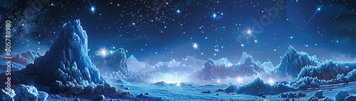 A surreal, dreamy world where stars fall to the earth as sparkling crystals, lighting up a futuristic landscape photo