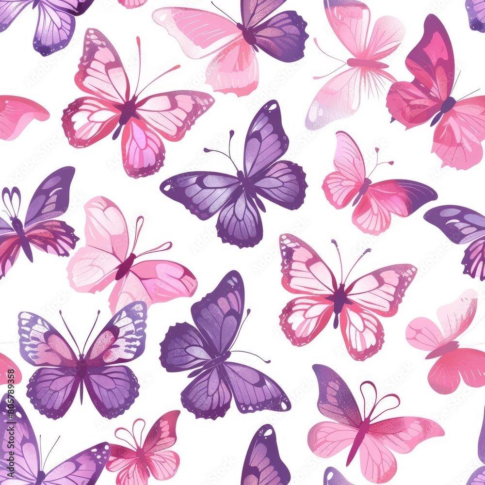Pink and purple butterflies seamless pattern on a white background.