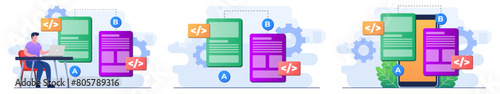 Set of modern flat illustrations of  AB testing concepts, Comparison split wireframe application on display smartphone, compare test result between 2 page of website design