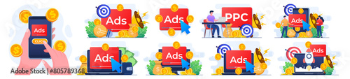 Set of modern flat illustrations of paid advertising campaign, display ads on website generating revenue for publisher, Pay per click, PPC, Advertising or advertisement, Internet marketing