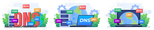 Set of modern flat illustrations of  domain name system concepts, DNS, Website domain name, Internet or cyberspace, Domain registration web page, Choose, find, buy, register website domain name