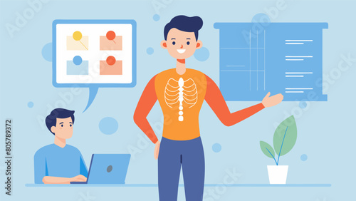 A slideshow presentation on the importance of good posture and its impact on overall health and wellbeing in a posture improvement workshop.. Vector illustration