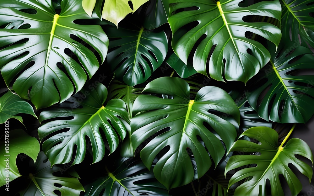 Obraz premium Lush Green Monstera Leaf Background, Tropical leaf detail, wall of monstera leaves