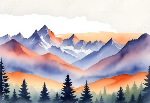 watercolor painting Serene mountain range at sunse (3)