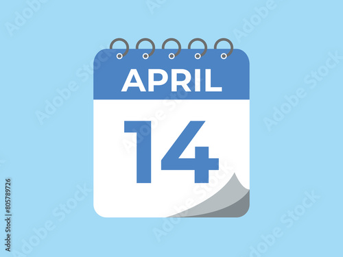 April 14 calendar reminder. 14 April daily calendar icon template. Calendar 14 April icon Design template. Vector illustration
