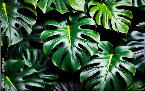 Lush Green Monstera Leaf Background  Tropical leaf detail  wall of monstera leaves