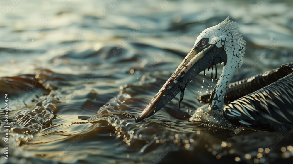 An oil-covered pelican floats in dirty water. An oil spill in the ocean