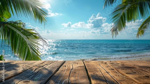 top of a wooden table with a seascape and palm leaves in the background