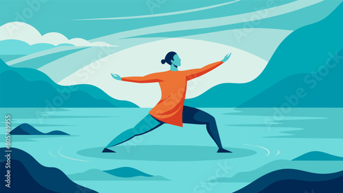 A solitary figure stands in the shallow waters their body a picture of strength and calm as they perform the fluid movements of Tai Chi by the sea.. Vector illustration