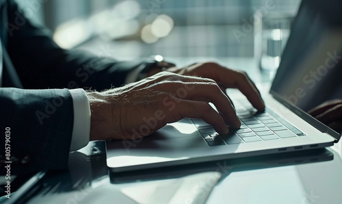 Businessman hands typing on laptop do the work at the office