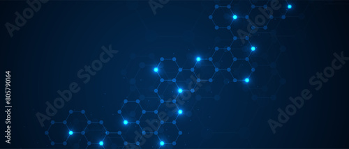 Hexagons pattern on gray background. Genetic research, molecular structure. Chemical engineering. Concept of innovation technology. Used for design healthcare, science and medicine background