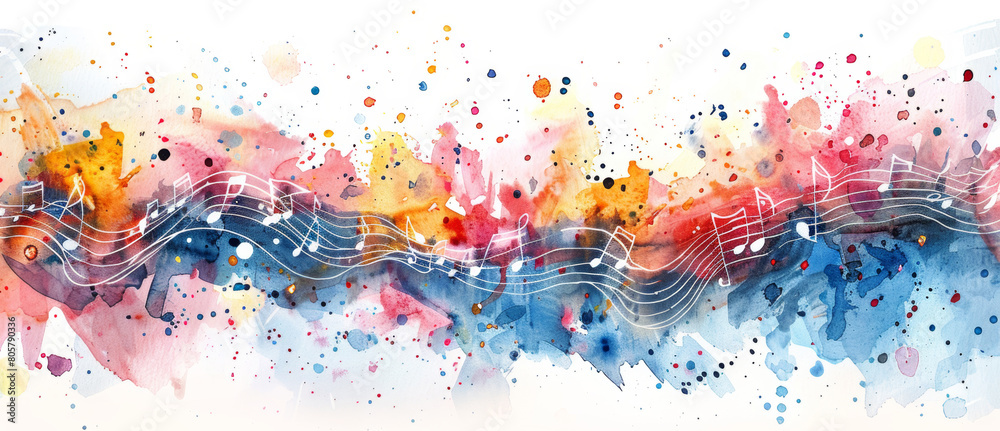 A colorful watercolor painting of musical notes and a line of music