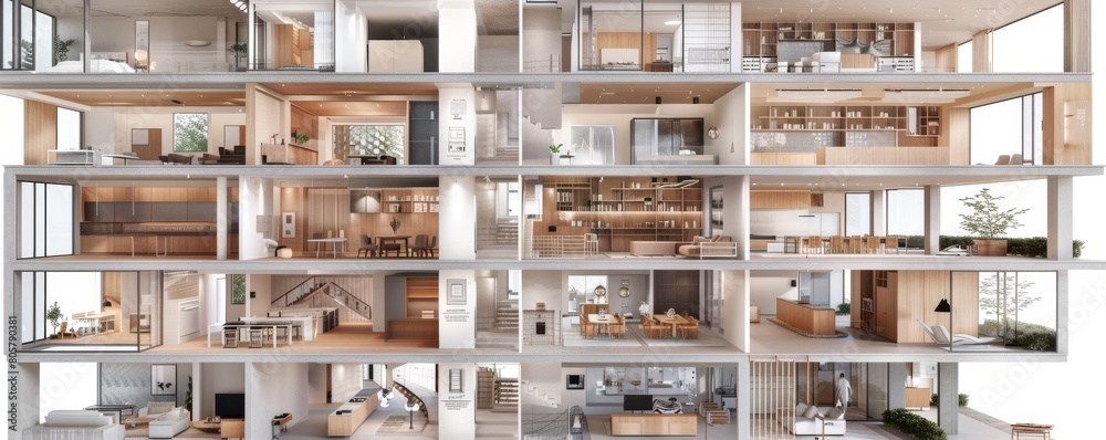 Detailed cutaway view of a modern architectural model showcasing versatile room layouts and furniture