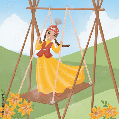 hand drawn kazakh girl playing on swing