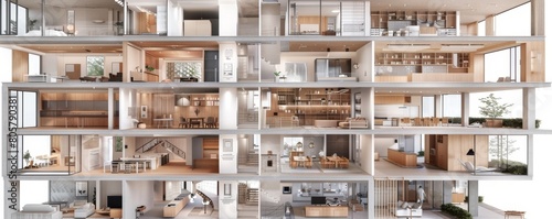 Detailed cutaway view of a modern architectural model showcasing versatile room layouts and furniture