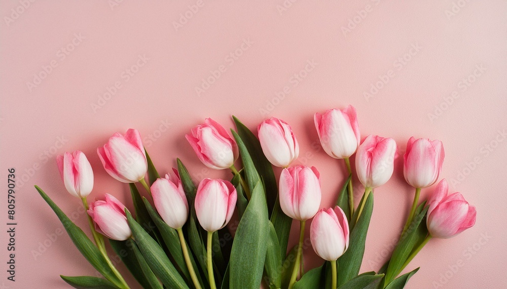 Beautiful composition spring flowers. Bouquet of pink tulips flowers on pastel pink backgrou Beautiful composition spring flowers. Bouquet of pink tulips flowers on pastel pink backgrou