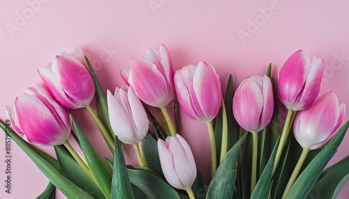 Beautiful composition spring flowers. Bouquet of pink tulips flowers on pastel pink backgrou