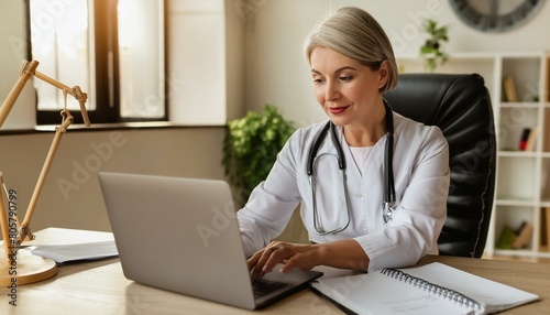 Mature woman therapist working on laptop, sit at desk with papers, prepare treatment plan