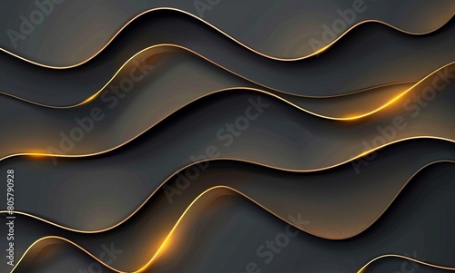 Luxury background with golden wavy lines and dark brown, simple shapes, minimalistic, dark grey gradient background