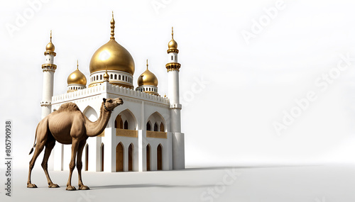 A camel standing front of a mosque in white color with golden dome minarets  foe Eid al adha on simple Islamic background