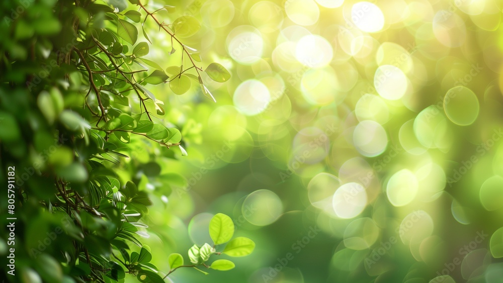 Fototapeta premium Blurred background of green trees in spring with a bokeh effect. Background for design, banner or cover. The image has a blurred background of green trees in spring captured in the style of bokeh pho