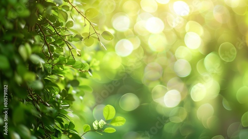 Blurred background of green trees in spring with a bokeh effect. Background for design, banner or cover. The image has a blurred background of green trees in spring captured in the style of bokeh pho