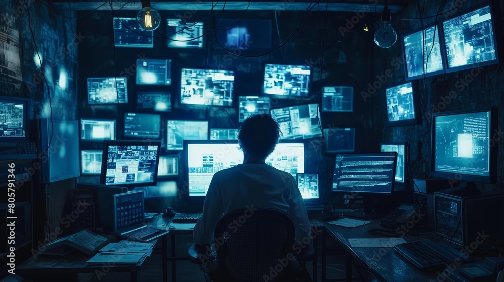A darkened room illuminated only by the glow of computer screens, with a lone hacker sitting amidst the digital chaos, manipulating code with skillful precision to breach secure systems.