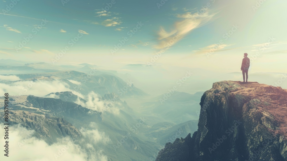 A person looking out over a mountain vista, metaphor for overcoming mental health challenge A person looking out over a mountain vista, metaphor for overcoming mental health challenge