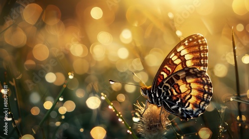 Against a backdrop of vibrant foliage, a mesmerizing close-up reveals the intricate details of a butterfly as it alights gracefully on a flower.  photo