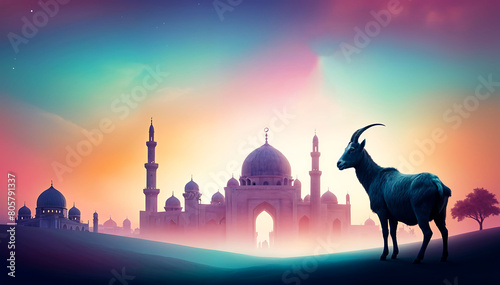 A goat standing in front of a mosque with vibrant Islamic background for Eid al adha.