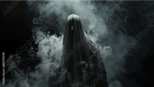 Portrait of a scary ghost isolated on black background with no face visible. Halloween themed projects or horror texts