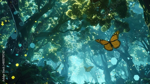 Mystical trees with fluid forms, subtle hexagons, and a butterfly dancing amidst foliage.