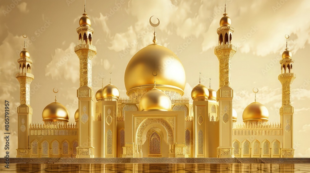Obraz premium An elegant and spiritual depiction of a golden mosque silhouette, radiant and detailed, set against a subtle light golden background that mimics the early morning sky on EID ul Adha. 