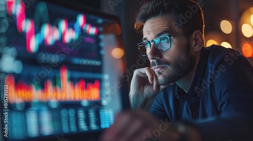 business man is captured deeply engaged in his work, with finance data displayed on his laptop screen in vibrant colors. The strategic arrangement of graphs and charts 
