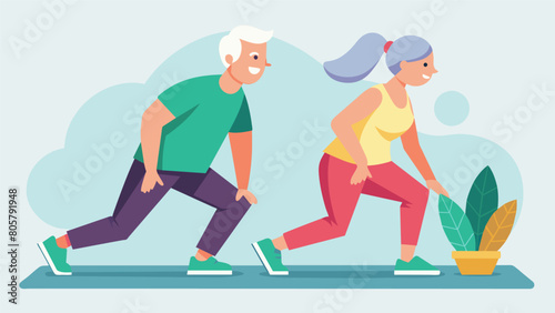 Despite their age an elderly couple is determined to stay active and agile following their thes instructions with determination and resolve.. Vector illustration